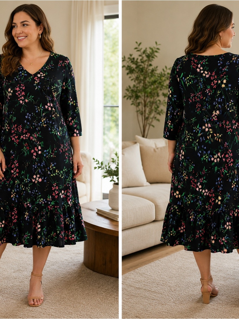 Tommy Hilfiger Black Floral V-Neck Ruffle-Hem Midi Dress